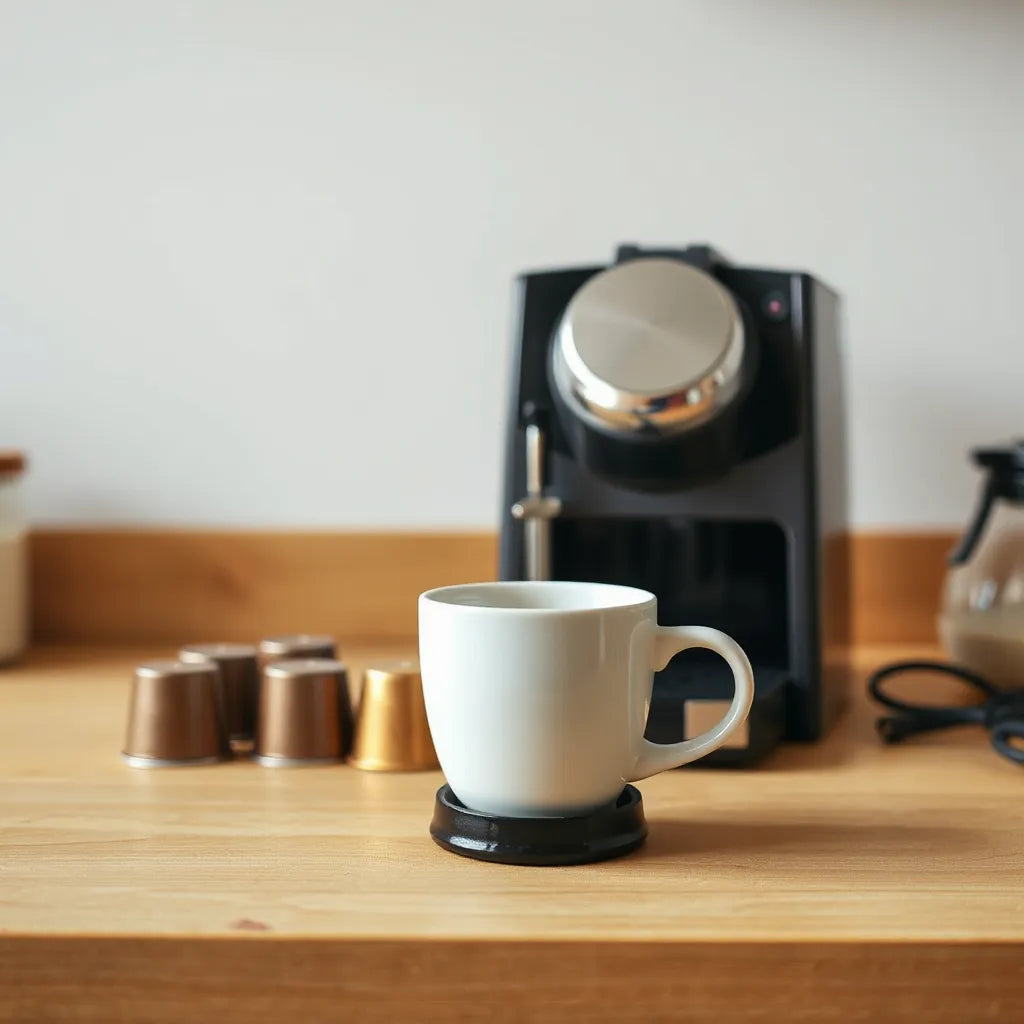 Single serve coffee capsules next to a capsule brewer with a fresh cup of coffee