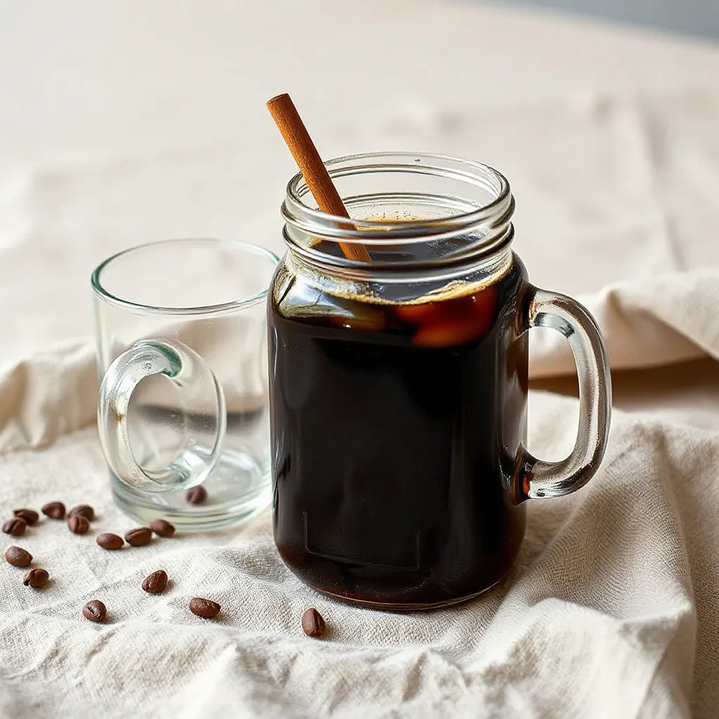 Cold brew coffee concentrate in a glass jar with iced coffee in a mug on a linen background