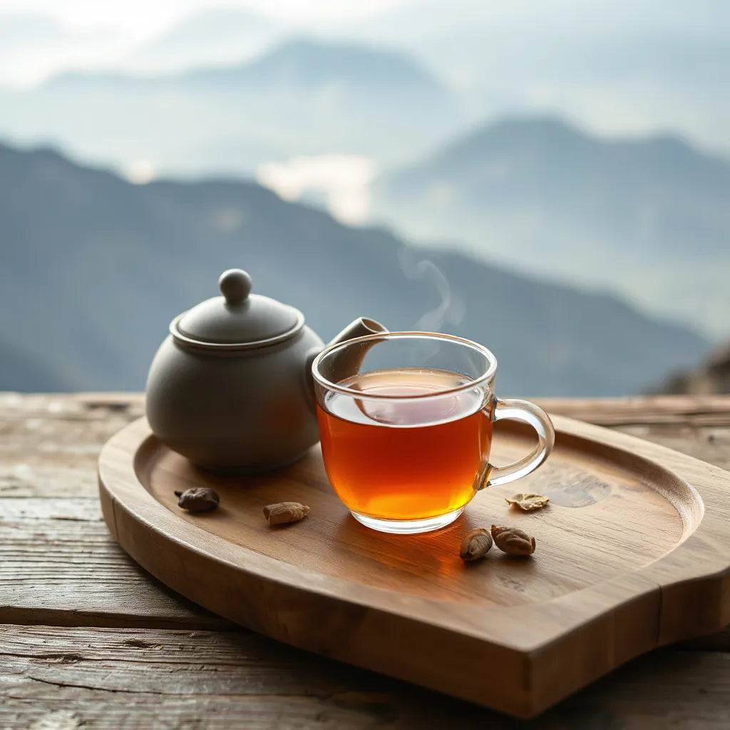 Steaming cup of high-altitude tea on a wooden tray with loose tea leaves and misty mountain peaks in the background