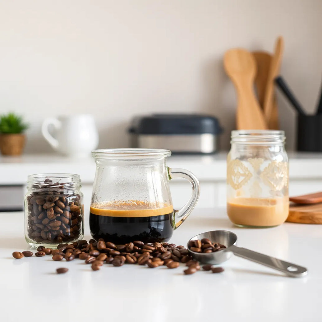 Morning coffee cup with coffee beans in a jar and a measuring scoop on a kitchen counter