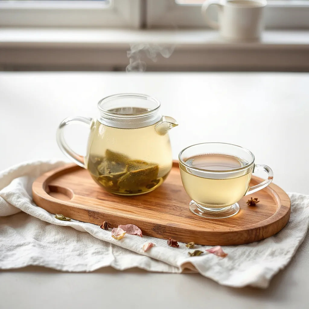 Glass teapot and cup of scented green tea with pale green leaves and soft steam in natural light