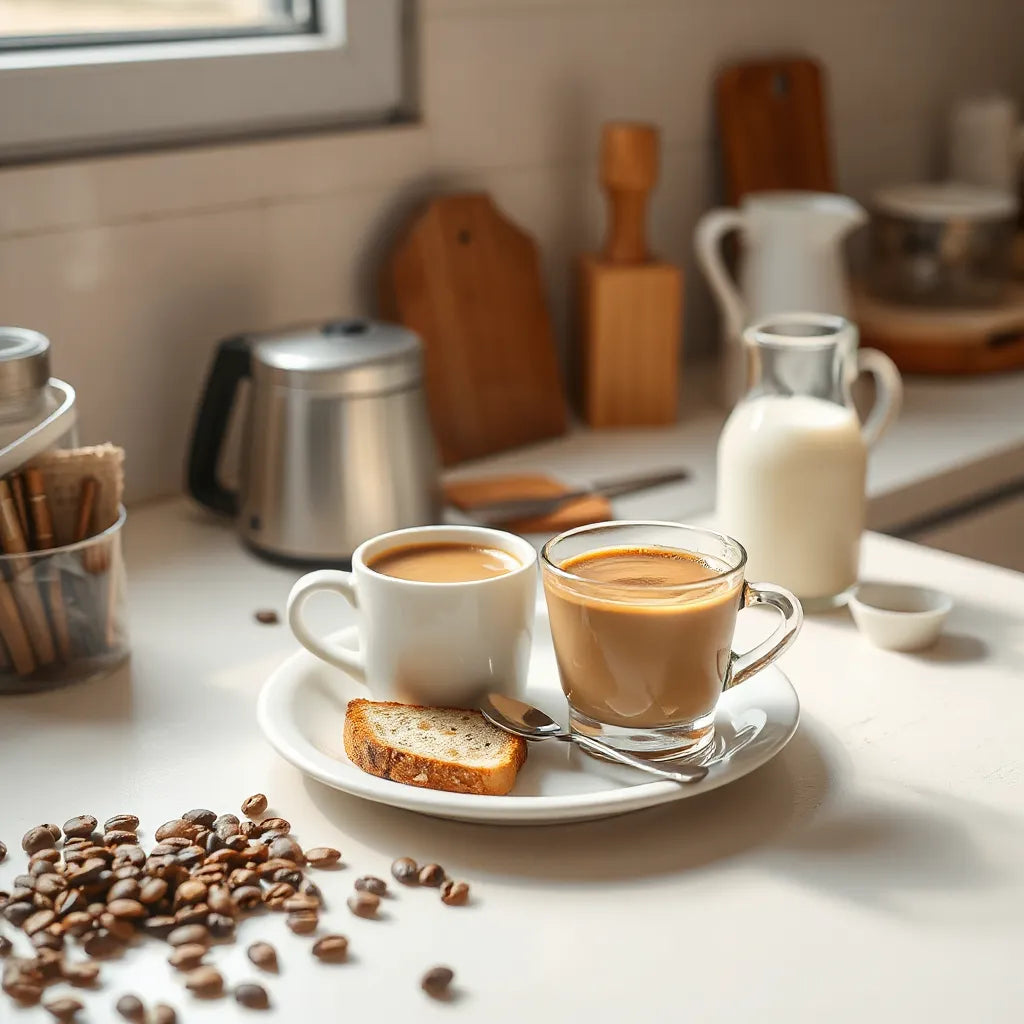 Cup of freshly brewed breakfast blend coffee with scattered beans and toast on a bright morning table