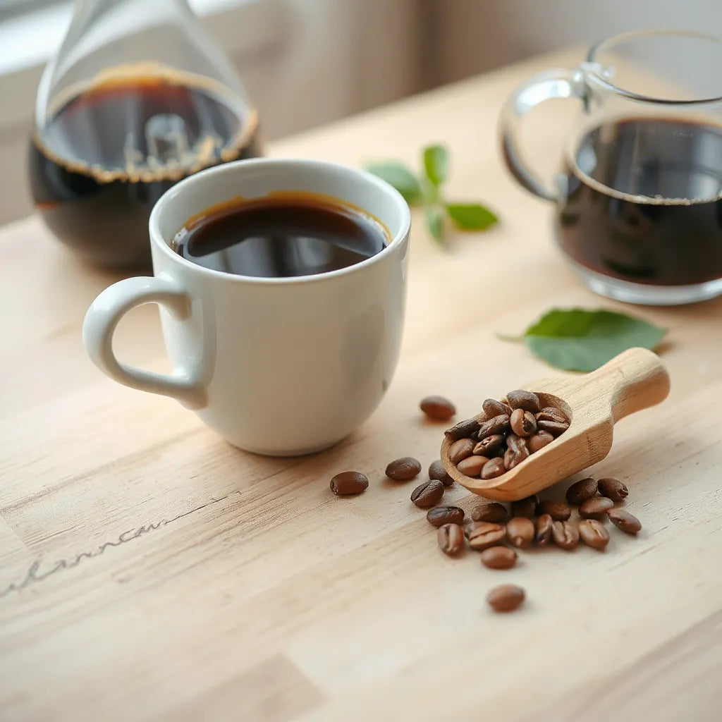 Cup of dark coffee with whole beans on a wooden table under soft natural light