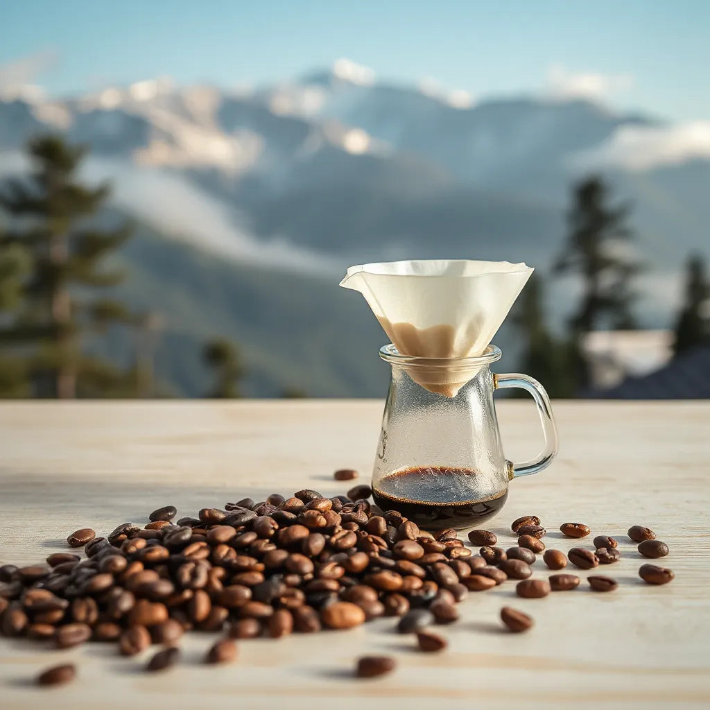 Fresh organic coffee beans and a pour-over dripper beside a misty Himalayan mountain backdrop