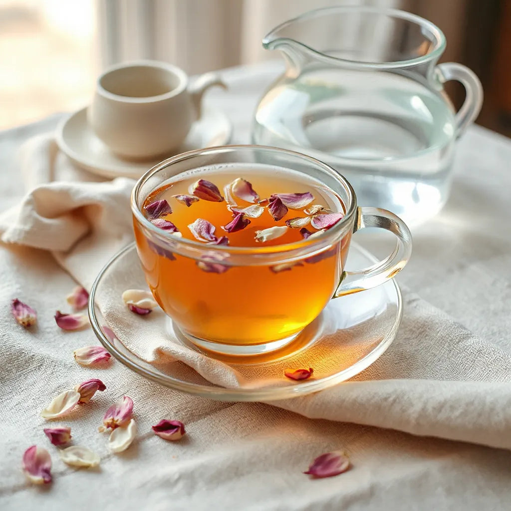 Glass teacup with pale floral tea and scattered petals on a linen cloth