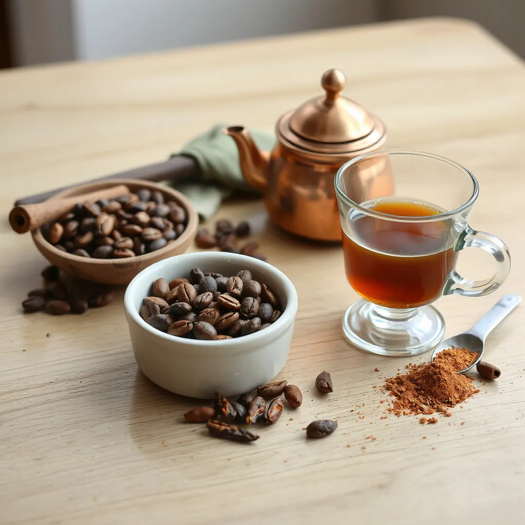 Flavored coffee beans beside a masala chai cup and visible spices like cardamom and cinnamon