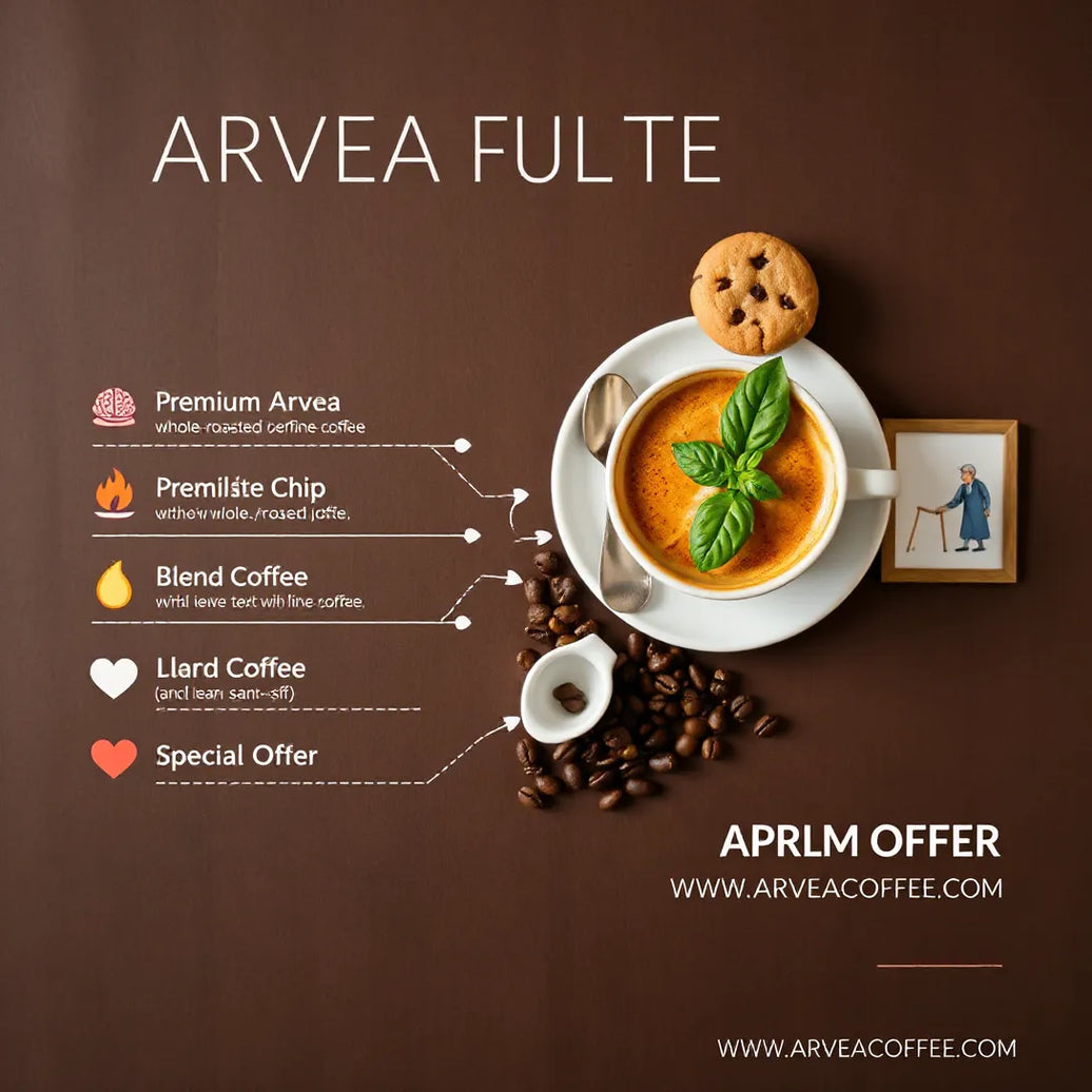 Top-down latte with rosetta art beside whole beans, cookie, basil, and coffee icons on a split infographic background.