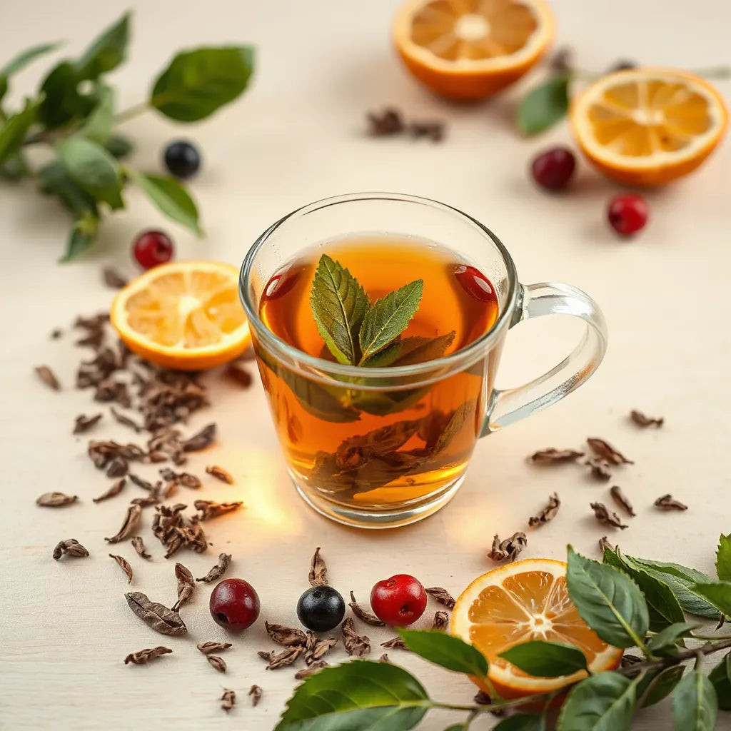 Glass teacup of amber herbal tea with loose leaves, berries, and citrus on a light wooden surface