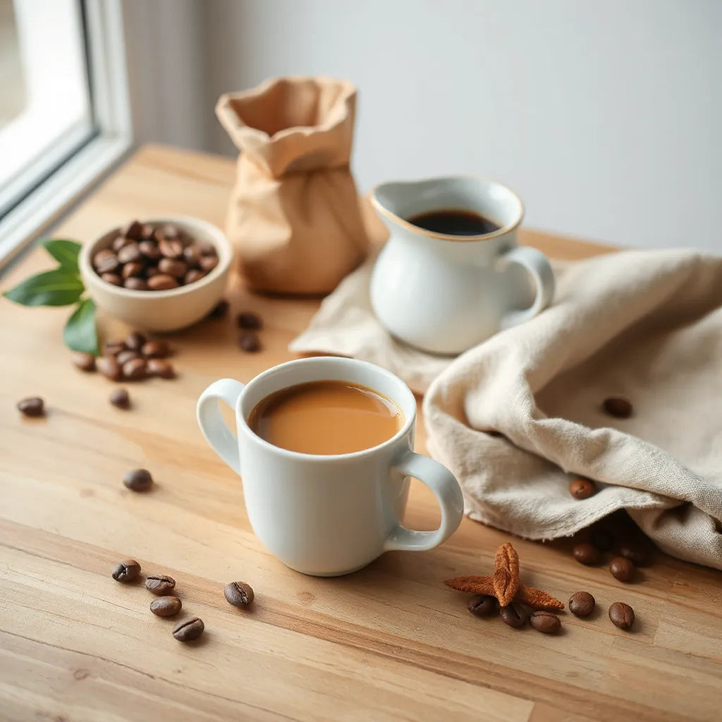 Freshly brewed coffee cup with whole beans and subtle coffee plant leaves on a wooden table.
