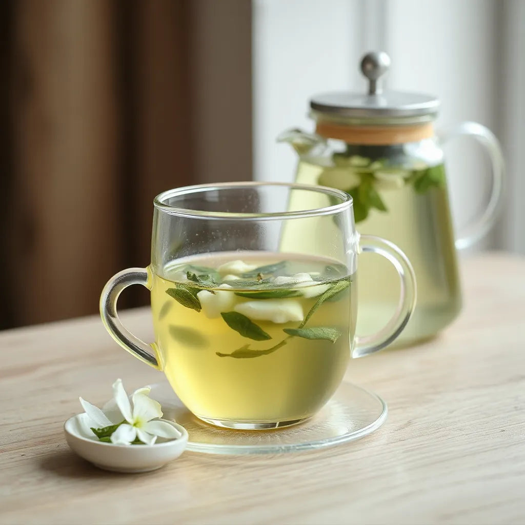 Glass teacup of pale green jasmine green tea with visible tea leaves and jasmine blossoms on a light wood table