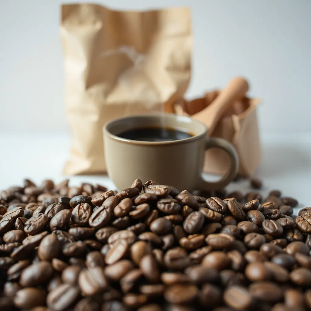 Freshly roasted coffee beans with a ceramic mug of dark coffee in warm natural light