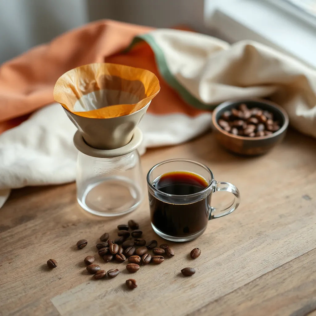 Pour-over coffee with dark brew and roasted beans on a rustic wooden table
