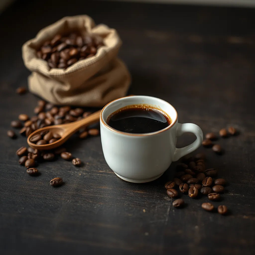 Espresso cup with crema and coffee beans on a dark wooden table under warm natural light